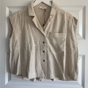 Easel Natural Beige Linen Blend Cropped Blouse Boho Button Front Top Size Small